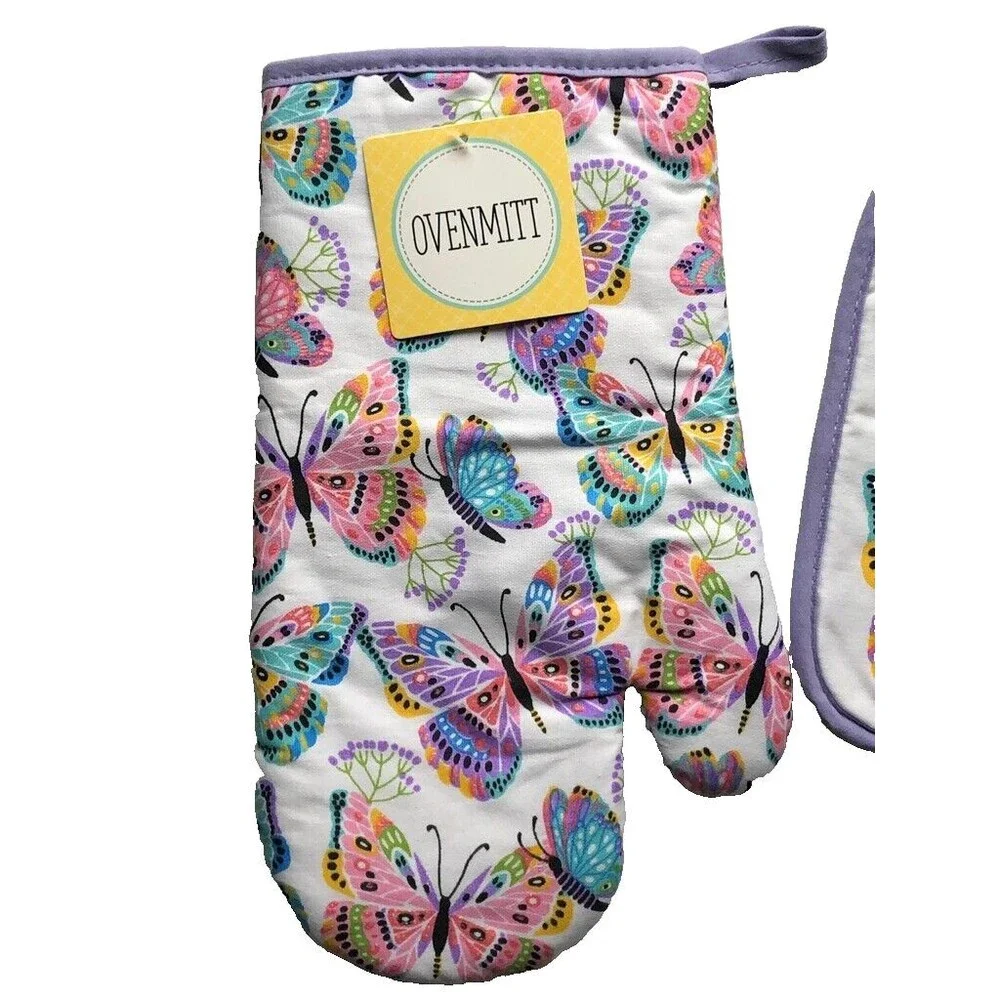 Spring Butterflies Butterfly Cotton 2-Piece Potholder Oven Mitt Set Colorful